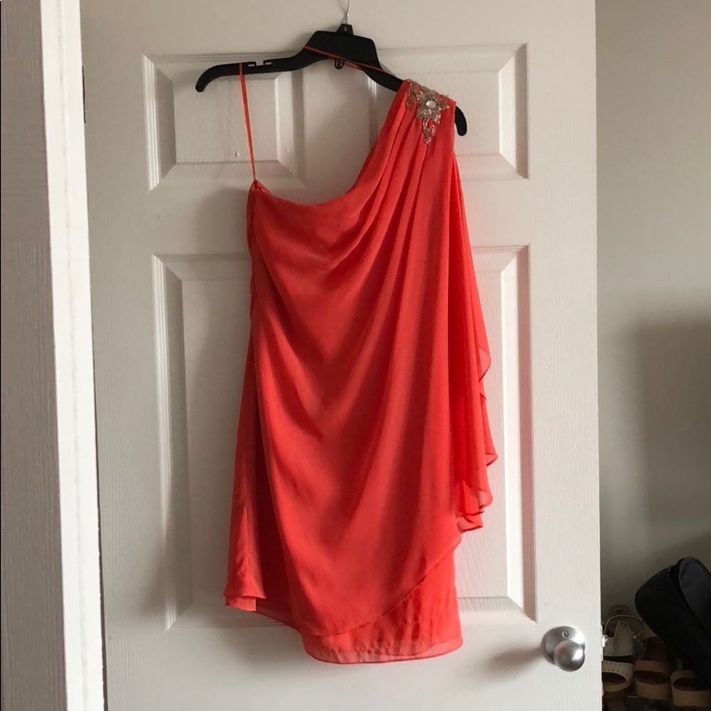 Coral one shoulder cocktail dress